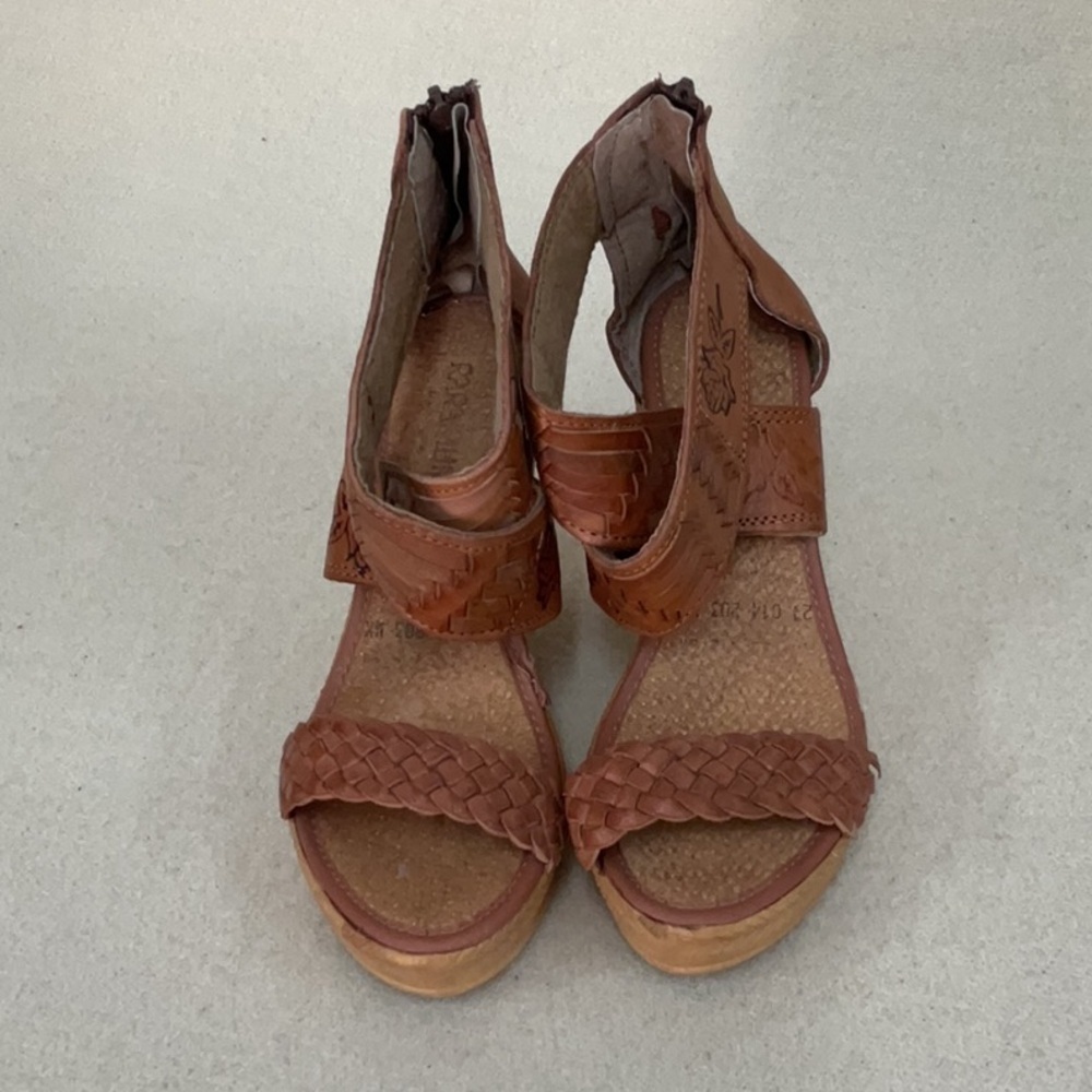 EUC Womens Authentic Mexican Huarache Leather Sandals Wedge Zipper Light Brown